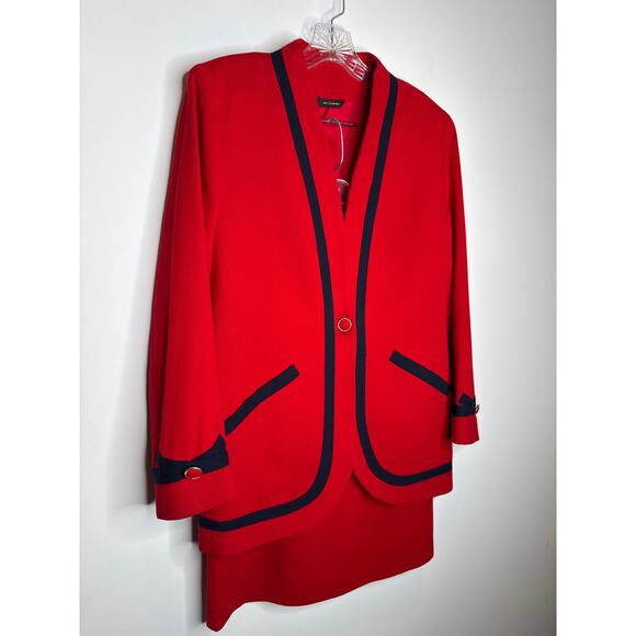 Vintage 1980s Red Navy Trim Power Suit Blazer Pencil Skirt Set Made in USA XS-S - Picture 12 of 15